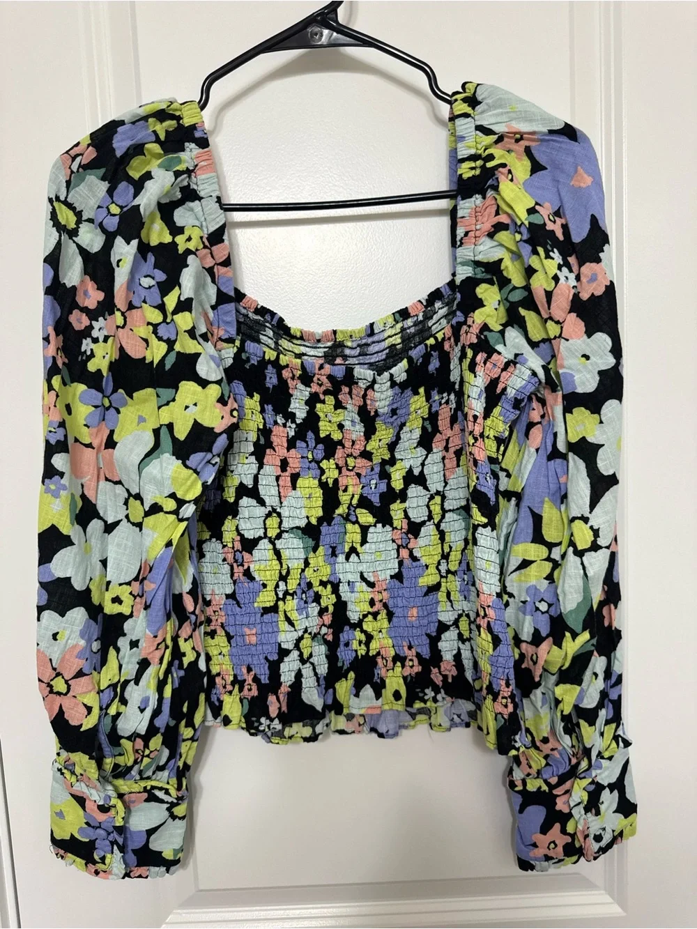 Free People Black Floral Smocked Long-Sleeve Top Size Medium
